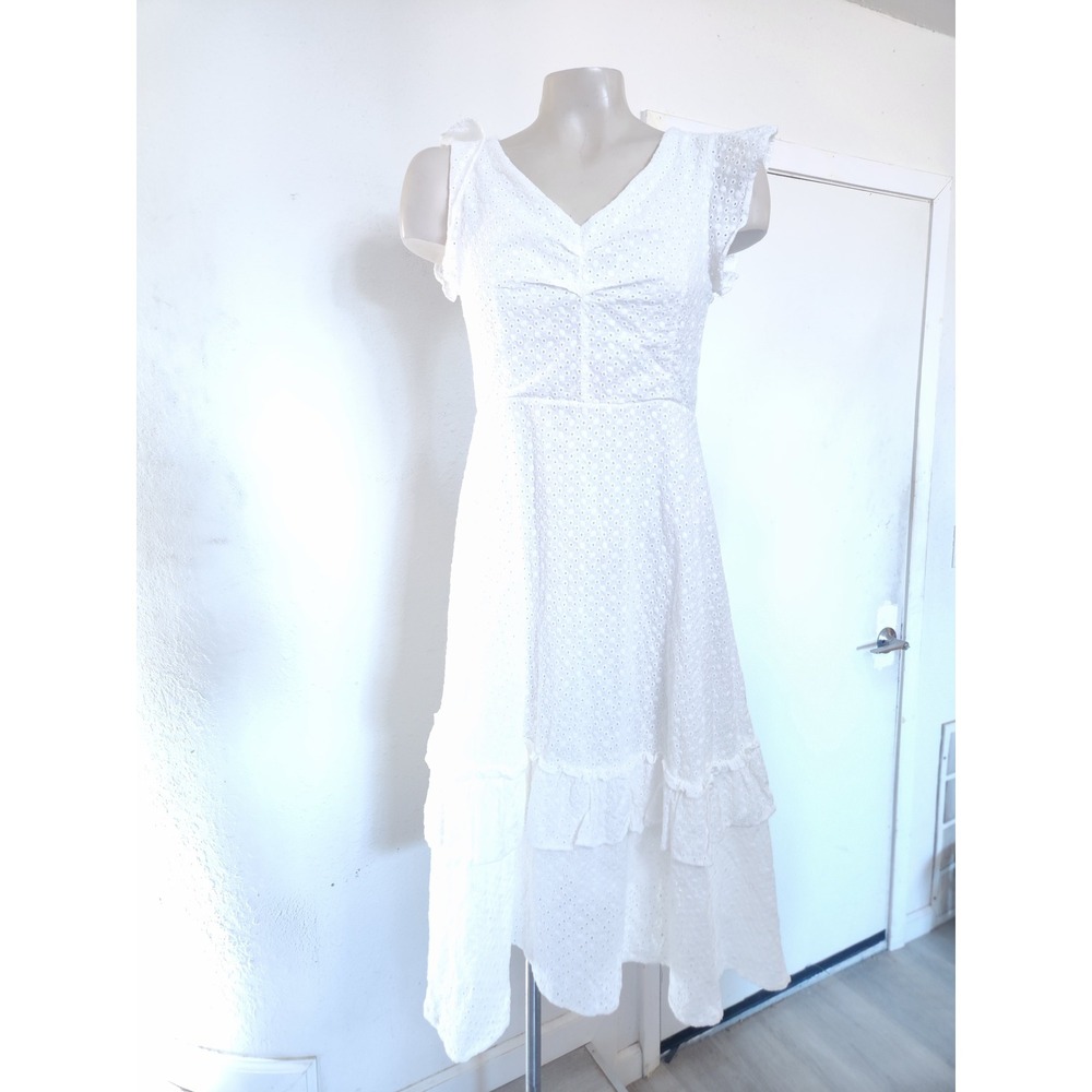 White Eyelet Lace Tiered Midi Dress V-Neck Flutter Sleeve M romantic vintage